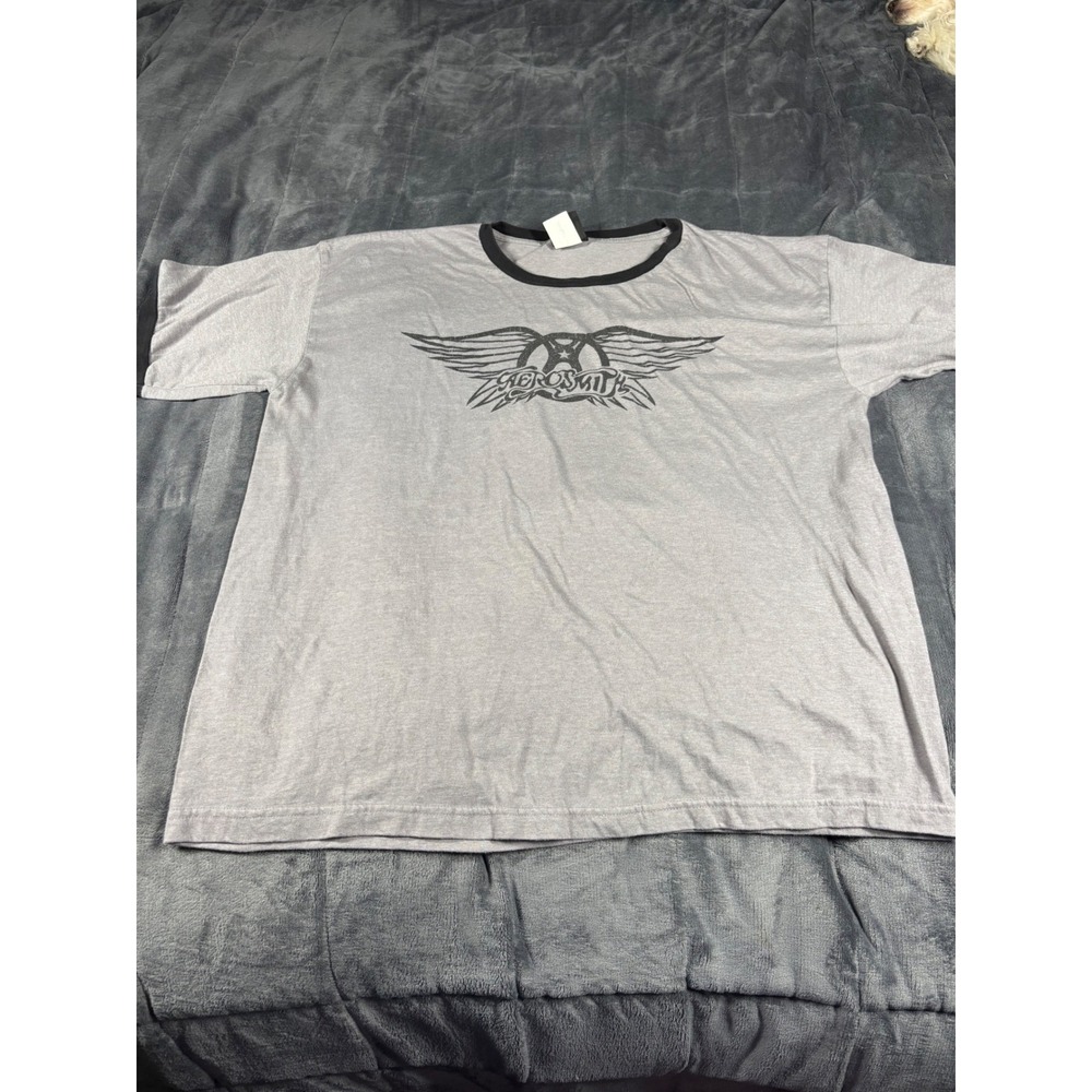 Aerosmith Graphic Ringer T-Shirt Mens XL Gray Black Winged Logo Rock Band Tee